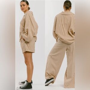 Lullaby Club Lounge Pant And Short Set - M/L - Caramel Gingham